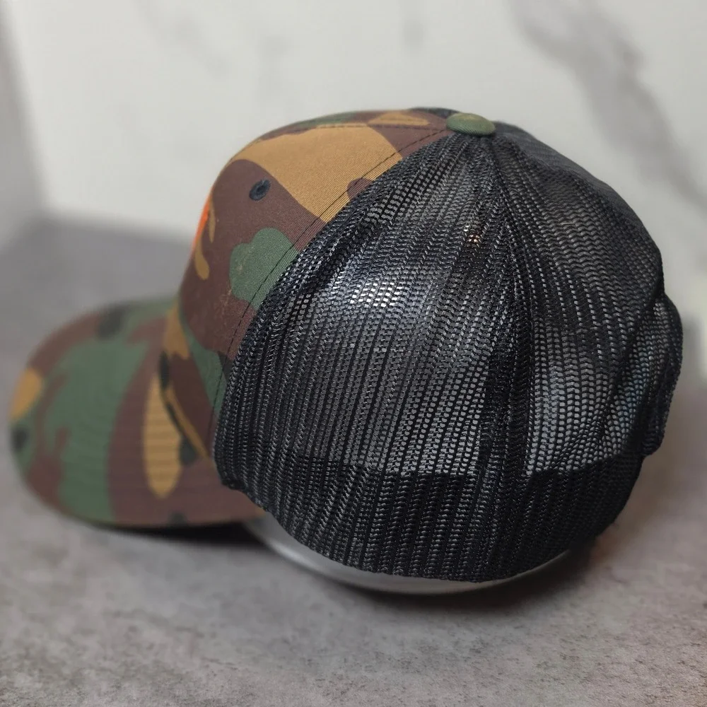 Yupoong The Classics Mens Camo Trucker Hat Orange‎ Shield Logo Snapback Cap